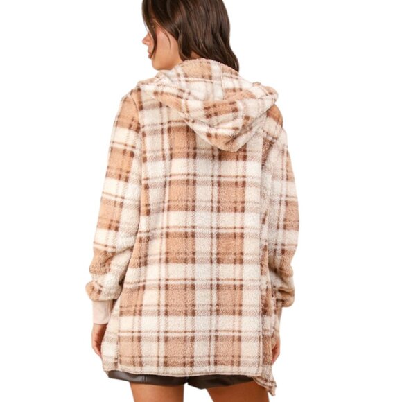 NEW Very J Fuzzy Plaid Long Sleeve Hooded Jacket Lagenlook Boho Cozy Relaxed - Picture 2 of 3